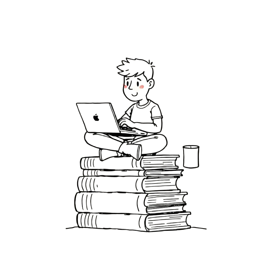 Cartoon developer sitting on stacked books with laptop